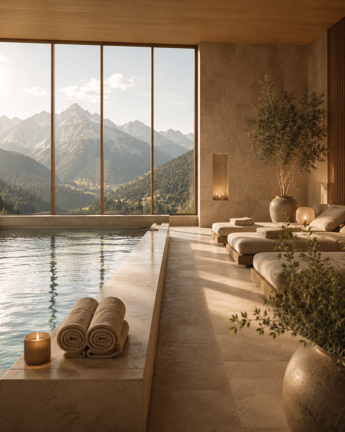 Ruhebereich mit Pool und Blick auf die Alpen
