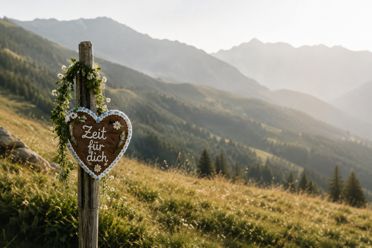 Lebkuchenherz mit der Aufschrift Zeit für dich vor einem idyllischen Tiroler Bergpanorama